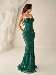 Đầm Astony One mới, gợi cảm, thanh lịch, xẻ tà, đính sequin, kiểu cổ yếm, đầm dạ hội màu xanh lá cây lấp lánh, xẻ tà cao. - màu xanh lá - Xem 7
