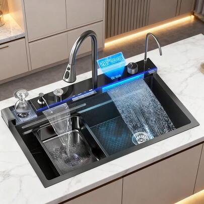 Senlesen Juego de tarjas para cocina moderno con cascada (80 x 46 cm,Gris pistola) Fregadero portátil de acero inoxidable 304 con pantalla digital inteligente y grifos extraíble. Lavabo de gran capacidad que incluye panel de control para encimera, dispensador de jabón, escurridor para trastes y portavasos . Adecuado para cocinas,  comedores y autocaravanas.Regalo de Navidad,Muebles para Cocina,   Cocina Accesorios
