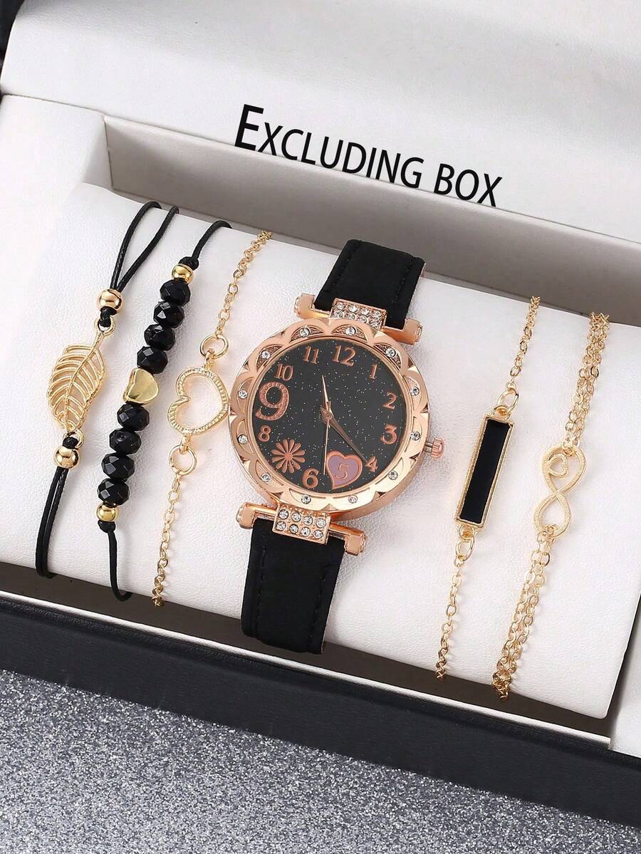 6件套女士真皮腰带时尚钻石花瓣数字表盘石英表+手链套装，母亲节礼物，生日礼物 - 黑色 - 查看 1