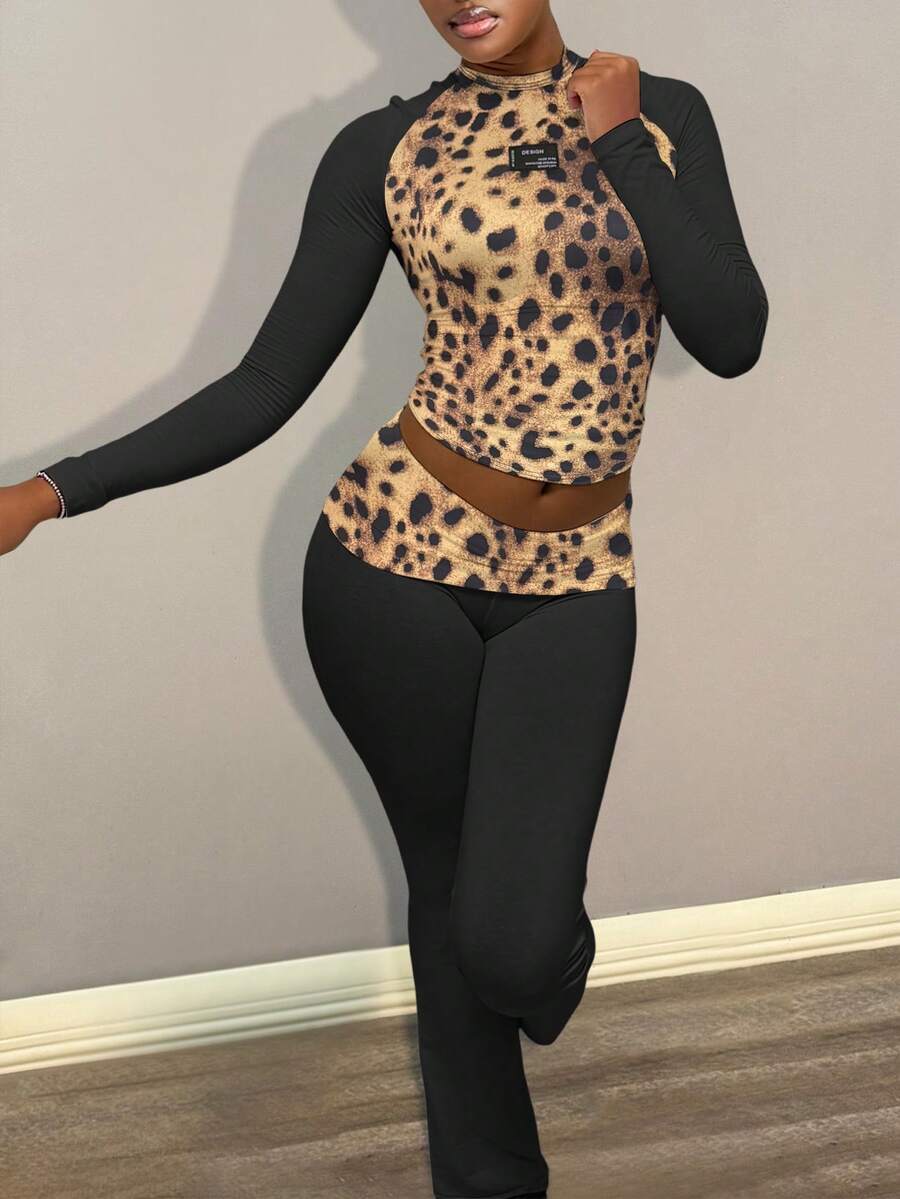 LovelyWholesale 女士休闲圆领豹纹长袖秋季女装T恤腰翻领拼接裤子两件套秋季女装