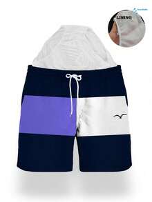 Men's Summer Printed Pattern Drawstring Waist Slant Pocket Hawaiian Quick-Dry Double-Layer Mesh Lining Shorts, Seagull Contrast Color 3D Print, Fashionable Casual Beach Resort Swim Trunks