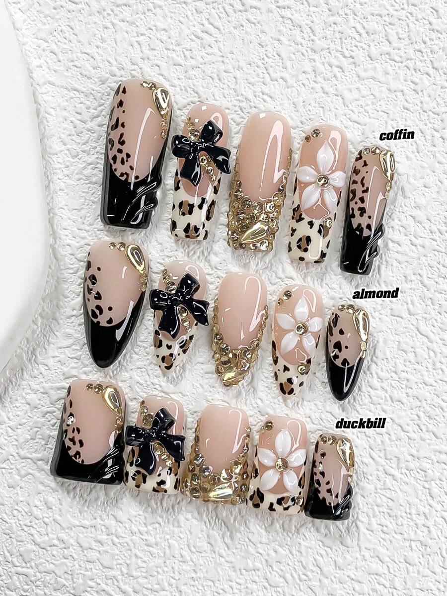 10Pcs/Pack Handmade Y2K Style Nail Tips, Milky & Black Color With French Tips, Bow, Rhinestone, Manual Flower Designs Decoration, Leopard Press On Nails,3 Sizes Available, Almond Nails, Duck Nails, Coffin Nails, Comes With Nail Tools(1 Sheets Jelly Stickers+1PC Nail File)Suitable For Women & Girls Party, Wedding, Daily Wear, Including Nail Tools, Great Gift For Ladies Press On Nails Nail Supplies Nails - 彩色 - 查看 1