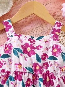 女婴无袖碎花连衣裙，配蝴蝶结，甜美可爱，适合度假和休闲穿着，也适合外出或日常穿着，春夏款。 - 玫紅色 - 查看 5