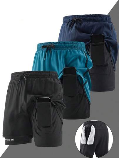 Two Tone Striped Athletic Shorts (2 In 1 Design), Stretchy Quick-Dry 5-Inch Workout Shorts For Men