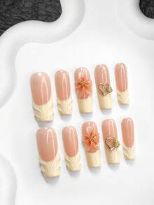 10片优雅简约美甲贴纸，适合秋冬季节，法式假指甲，手绘水滴图案，玫瑰和爱心美甲装饰，黄色和闪光指甲油，捏花美甲贴纸，3种尺寸可选：杏仁形、鸭嘴形、棺材形，包含美甲工具（1张果冻贴纸+1个指甲锉）美甲用品 - 彩色 - 查看 10