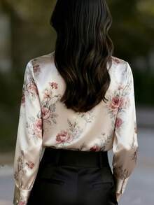 New Spring Fashion Women Satin Elegant Printed Blouse, Front Button Design, Suitable For Business Casual, Machine Washable Vacation - 混合色 - 查看 2