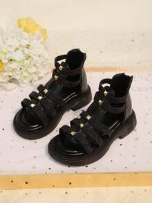 1 Pair Black Roman Sandals For Teenage Girls, Soft Leather & Fabric Woven Patchwork, Gold Buckle Decor, Zipper Back, Open Toe, Non-Slip Soft Sole, Fashion & Cute, Suitable For 3-15 Years Old Girls Daily, Beach, Campus, Holiday Wear, Spring/Summer 2026 - Black - View 3