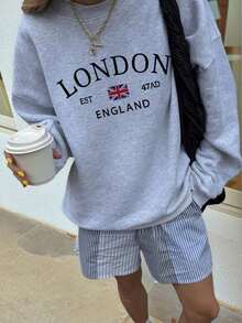 2026 New Arrival Women's Crew Neck Sweatshirt, Spring & Autumn Casual Colorblock & English Print Design, Versatile Daily Streetwear Top, Casual Outfit Perfect For Spring Break & Back To School Daily Wear, Sudadera Casual Para Mujer - 深灰色 - 查看 2