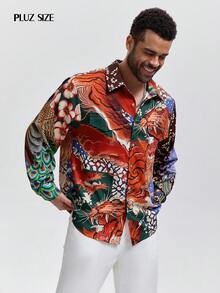 1pc Men's Floral Print Lapel Single-Breasted Long Sleeve Casual Shirt, Elegant For Holiday Party, Vacation, Commute, Plus Size - Red - View 5