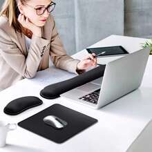 键盘腕托，记忆海绵键盘腕垫，光滑纤维键盘腕托，人体工学键盘鼠标垫套装，轻松打字，缓解手部不适，适用于笔记本电脑、办公室和家庭使用 - 黑色 - 查看 5