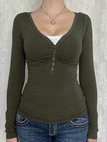 Women's T-Shirt Y2K Fall Clothes Casual Daily Sexy Solid Color Lace Contrasting Color Slim Long Sleeve V-Neck Top - 軍綠色 - 查看 4