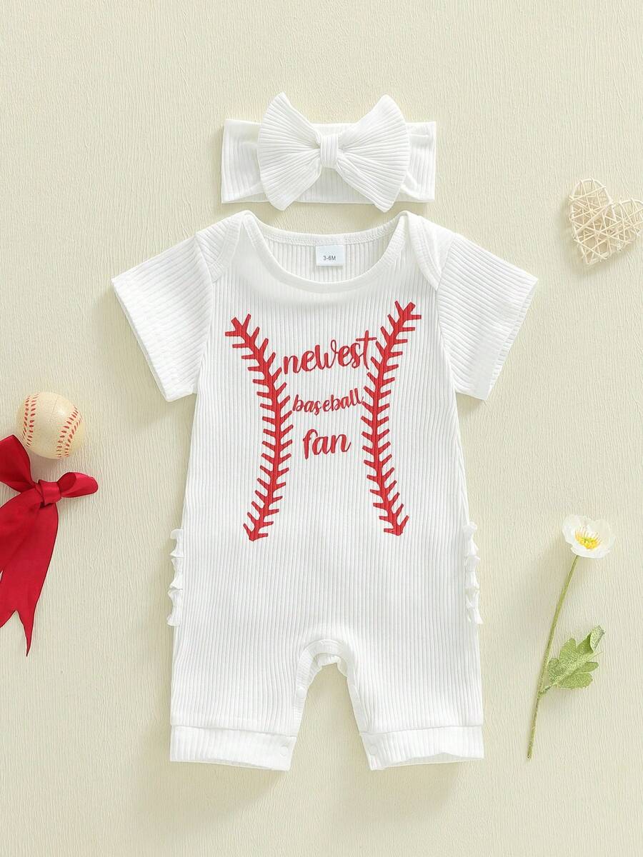 Mono de manga corta para niña con estampado de béisbol y letras, cuello redondo acanalado y diadema con lazo - Blanco - Ver 1