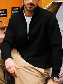 Men's Cardigan Full Zipper Sweater Casual Slim Fit Stand Up Collar Knitted Cardigan - Black - View 4