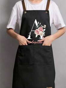 1pc Customized Floral & Alphabet A-Z Print Apron With Large Pocket, Waterproof, Stain & Oil Resistant. This Personalized Kitchen Cooking Apron With Adjustable Neck And Waist, Suitable For Cooking And Grilling, Great Gift For Christmas And Thanksgiving, Unisex. - Multicolor - View 3