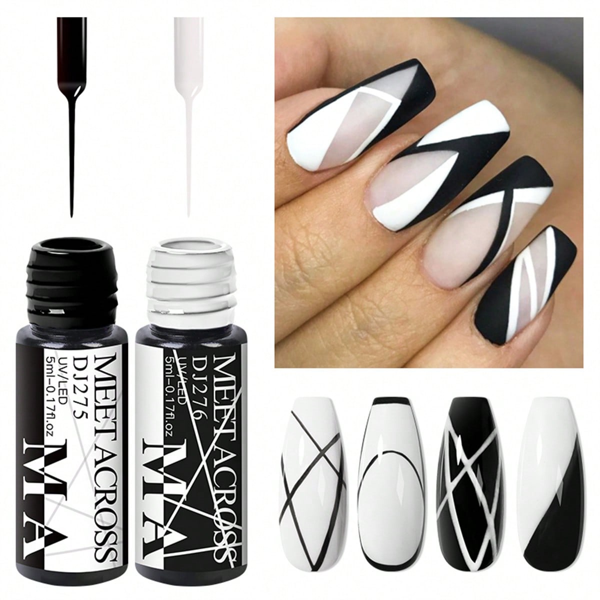 2pcs/Set 5ml Liner Nail Gel Polish Black & White French Pull Line Graffiti Painting Stripe Gel For Nail Art ,Thin Brush Paint Ed DIY At Home Salon Design Gift For Girls
