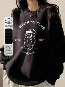 Women's Y2K Personalized Contrast Color Letter Cute Cartoon Black Snowman Print Black Ribbed Loose Comfortable Casual Versatile Daily Commute Home Fashion Long Sleeve Crew Neck Sweatshirt - Black - View 1