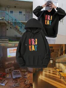 Sudadera con capucha de mujer 'Friday Cheers' con estampado de letras coloridas - Sudadera con capucha casual con cordón, mangas largas y bolsillos, adecuada para otoño e invierno, sudadera de uso casual |   Impresión de Letras Divertida |   Sudadera con capucha y cordón - Negro - Ver 6