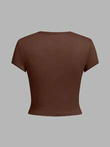 女士夏季新款休闲修身圆领短款T恤，时尚百搭，舒适百搭，适合日常和度假穿着。女士T恤上衣。 - 棕色 - 查看 7