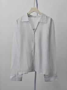 女士拉链条纹翻领衬衫，宽松优雅上衣，简约休闲开衫上衣 - 黑色 - 查看 7