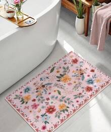 Uphome Bathroom Runner Rug, Boho Beige Long Bath, Modern Plush Soft Washable Bath Rug, Non-Slip Farmhouse Botanical Floor Carpet Entryway Bathroom Bedroom, 18x47 Inch - 粉色 - 查看 7