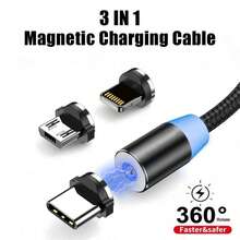 3-In-1 Magnetic Braided Nylon Data Cable, Durable Fast Charging USB Cable (Includes Type-C + Lightning + Micro USB), Compatible With IPhone 17 16 15 14 13 12 Pro Max / / / / Universal - Black - View 3