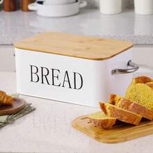 Large Metal Bread Bin With Bamboo Lid Kitchen Loaf Bread Storage Box Food Container - White - View 7