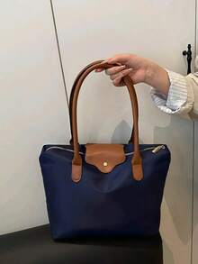 A Simple And Versatile Solid Color Casual Tote Bag, Large Capacity, With Zipper, Can Be Worn As A Shoulder Bag, Suitable For Shopping, Vacation, Work And Commuting, And Various Occasions. - Blue - View 3