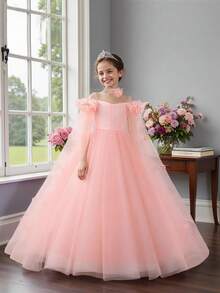 少女薄纱长款3D立体花朵公主裙，优雅奢华正式礼服，适合学校舞会、毕业舞会、晚宴（不含头饰）