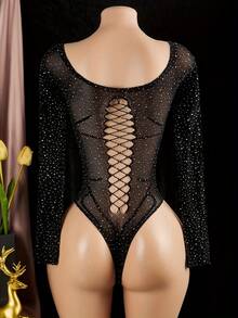 Elegant Long Sleeve Off-Shoulder Mesh Bodysuit - Women's Rhinestone-Studded Dazzling Party Outfit - 黑色 - 查看 6
