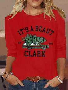 Christmas Outfit WomenWomen's Clark-Themed Tree & Truck Print Long Sleeve-Shirt - Green & Golden Casual Crewneck Top With It's A Beaut Clark Slogan, Washable Holiday Apparel Xmas Parties & Casual Attirelong Sleeve TopsLoose And Comfortablewinter Clothes For Women - trắng - Xem 4