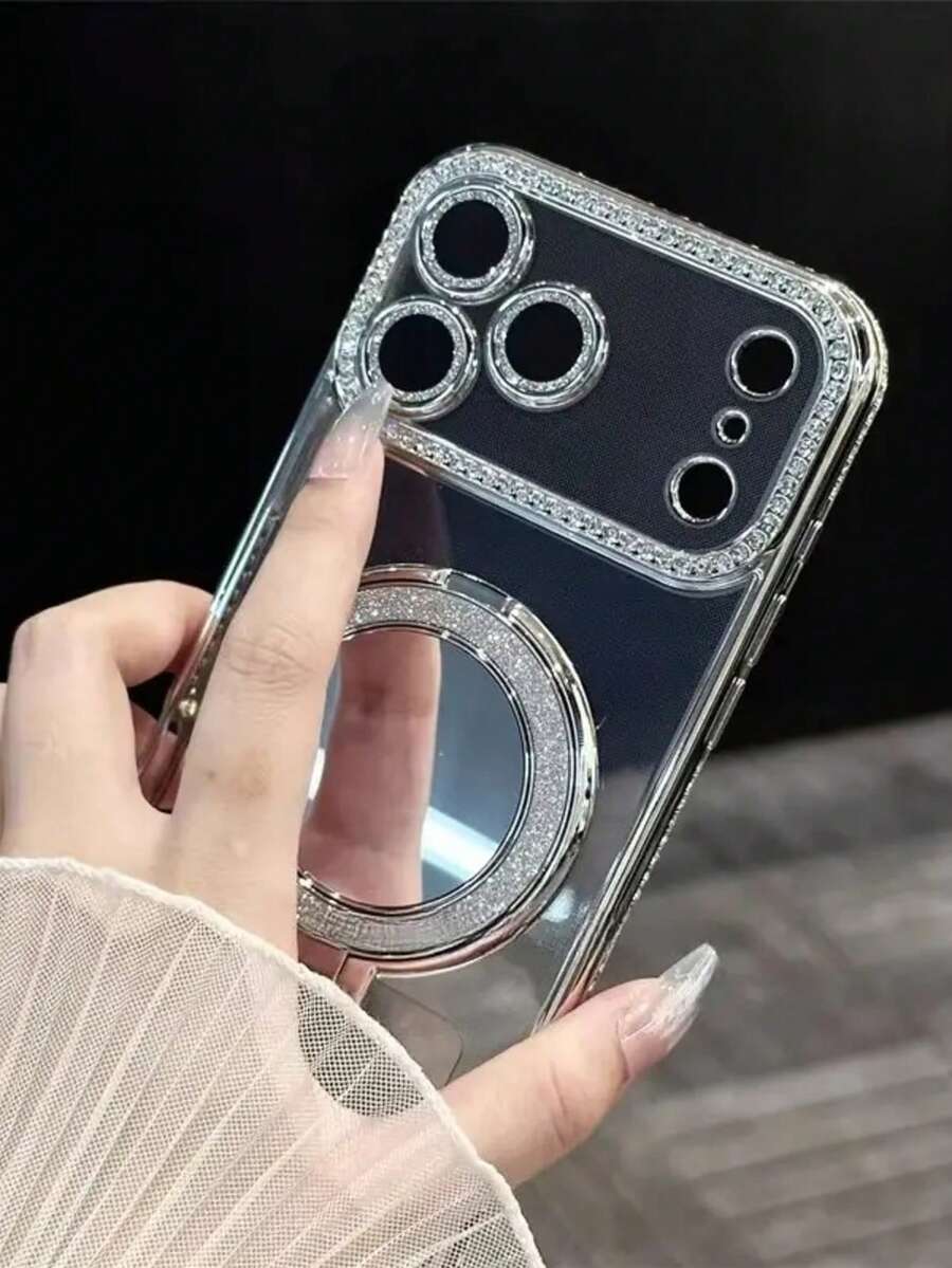 适用于苹果 17 Pro Max 手机壳的镶钻镜头膜，橙色苹果 16 Pro Max 化妆镜支架，15 斜挎肩带，14 全覆盖镜头，13 透明，12 手提包，手机壳配件，闪亮表面，贴合设计，时尚达人