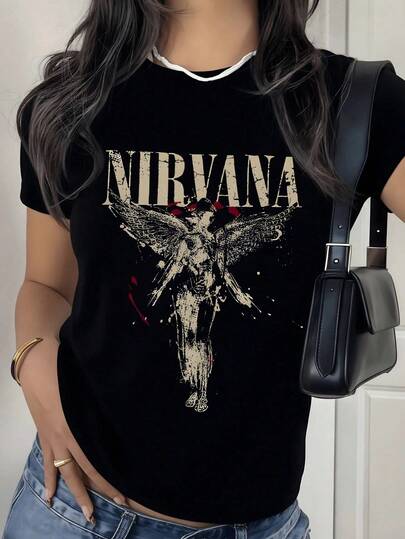 Women's Band Logo Graphic T-Shirt, Vintage Grunge Music Tee, Fallen Angel Statue Print Top, Black Retro Rock Oversized Short Sleeve Shirt.
