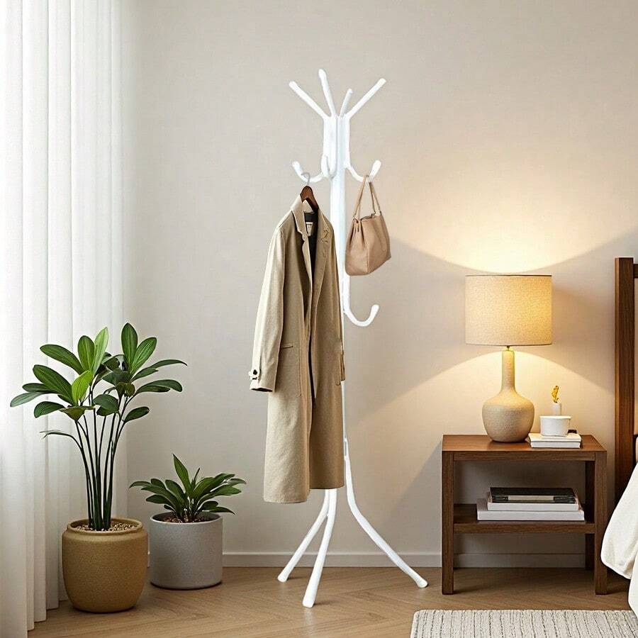 Vertical Coat And Hat Rack With 8 Hooks - White - View 1