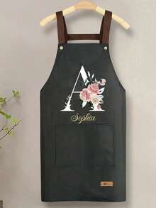 1pc Customized Floral & Alphabet A-Z Print Apron With Large Pocket, Waterproof, Stain & Oil Resistant. This Personalized Kitchen Cooking Apron With Adjustable Neck And Waist, Suitable For Cooking And Grilling, Great Gift For Christmas And Thanksgiving, Unisex. - Multicolor - View 12