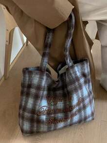 返校季秋冬季小众设计羊毛格纹大容量手提包，韩版学院风水桶包，女士单肩托特包 - 彩色 - 查看 6