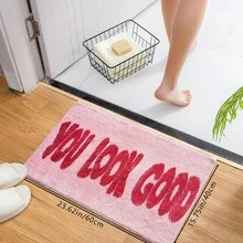 1pc Minimalist Solid Pink Faux Cashmere Letter Print Floor Mat, Soft Non-Slip Water-Absorbing Machine Washable Kitchen Mat, Fresh Anti-Fatigue Dirt-Resistant Doormat, Rectangular Low Pile Rug For Living Room, Bedroom, Kitchen, Laundry Room, Home Decoration - Multicolor - View 13