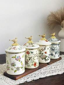 1 Set Luxury Enamel Storage Jars With Lids, Household & Office Tea/Coffee Canister, Ceramic Storage Jars, Gift For Elders And Relatives - Flowers and Birds - View 13
