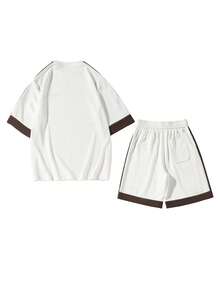 一套男士白色圆领短袖短裤套装，宽松短袖T恤+抽绳腰带短裤，撞色罗纹面料，透气舒适，复古休闲装，适合日常穿着、外出就餐、旅行。 - 白色 - 查看 4
