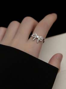 1件时尚独特领结，镶嵌微镶锆石开口戒指 - 復古銀色 - 查看 5