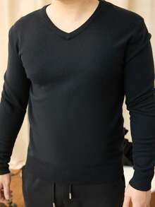 Suéter de punto de cuello en V de manga larga para hombre, para otoño e invierno - Negro - Ver 2