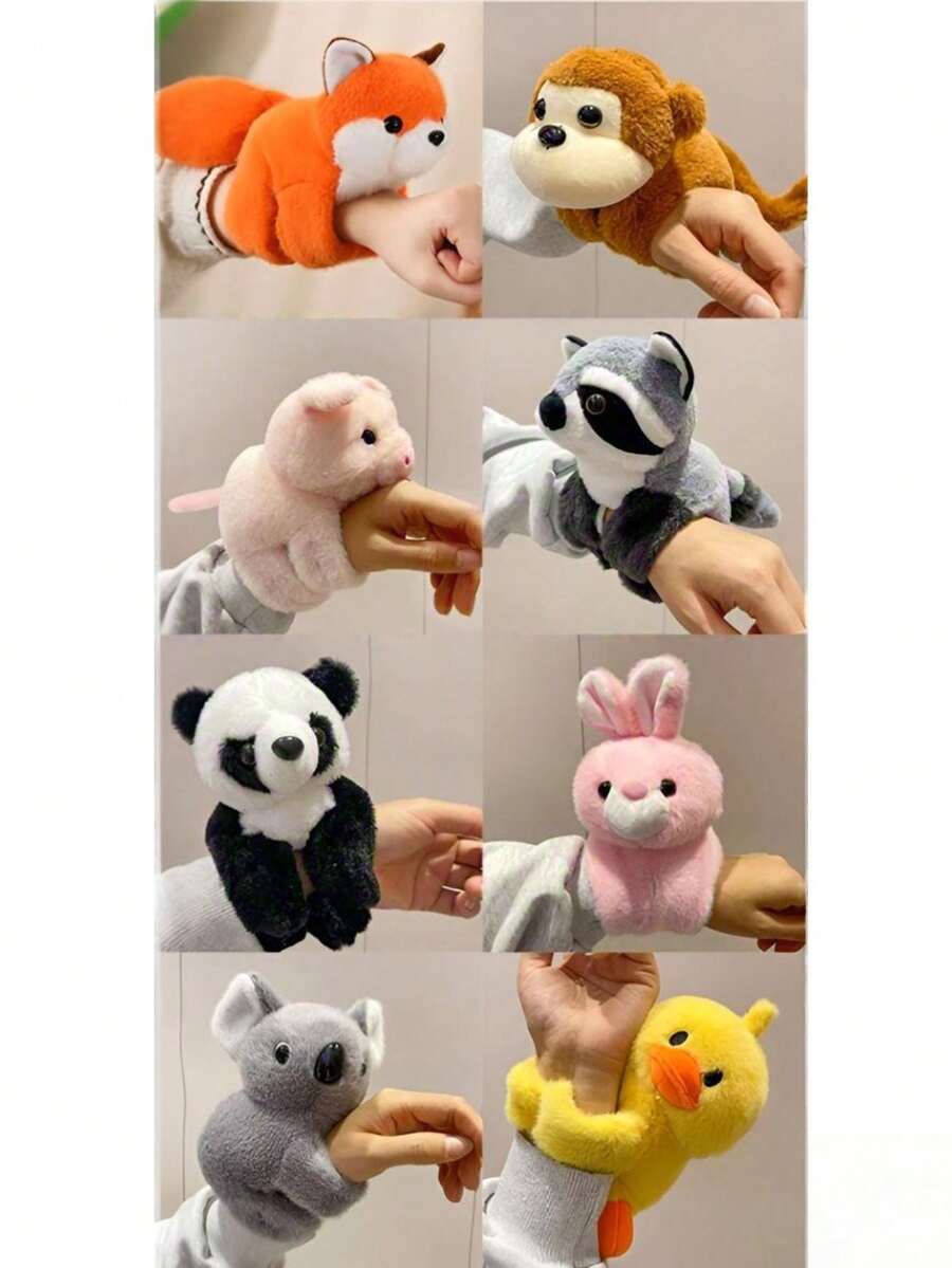 可爱的动物毛绒玩具套装，包含狐狸、考拉、熊猫、猪、鸭子、浣熊、猴子和兔子，带有拍手圈，创意设计，可戴在手腕上，是送给朋友的新颖圣诞节和新年礼物，适合作为玩偶、圣诞节礼物或趣味毛绒玩具。 - 彩色 - 查看 1