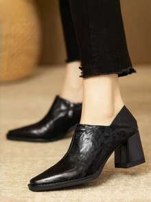 7cm Side Zipper Square Toe Chunky Heel Pumps, Black, Comfortable High Heels, Versatile For Spring & Autumn - Black - View 4