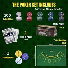 Vicyol S&D Juego de mesa Póker Texas Hold'em. Set completo con 200 fichas, 2 barajas, botón de dealer, fichas de ciega grande y pequeña, tapete, caja de metal - Multicolor - Ver 3