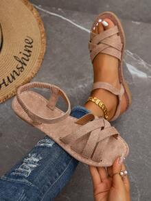 女士新款圆头套脚平底拖鞋，简约搭扣平底凉鞋，时尚简约平底凉鞋，舒适休闲旅行沙滩鞋，有白色、棕色、黑色、豹纹、碎花图案可选，适合春夏穿搭 - 卡其色 - 查看 3