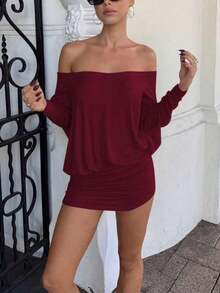 Women's Fashion Sexy Sheer Long Sleeve Off Shoulder Bodycon Casual Street Party Holiday Dress - 酒紅色 - 查看 11