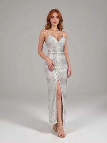 Váy dự tiệc hở lưng xẻ tà kim sa gợn sóng quyến rũ, gợi cảm - trắng - Xem 4