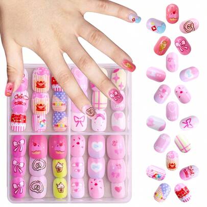 96 Pcs/Set Y2K Baddie Style Kids Press-On Nails Art, Acrylic Material, Pre-Coated Gel, Full Coverage, Sparkly Pink Valentine's Day Design, Including Elements Such As Bows, Hearts, Cakes, And Rainbows. Short Adhesive Nail Art Set For Children, Suitable For Little Girls - Cute Valentine's Day Theme. Nail Supplies