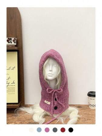 Ullstrukturerad balaklava hybridkappa, trendig stickad halsvärmare öronmuff mössa halsduk kombination, varm vinteraccessoar för kvinnor
