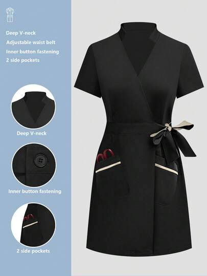 cimmuovere Vestido de enfermera con cuello en V, manga corta, bolsillo delantero y abertura frontal para mujeres, uniforme de trabajo para enfermeras, dentistas, personal de salud, veterinaria y laboratorio