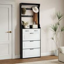 Black Shoe Cabinet With Coat Rack, 3 Doors, 2 Drawers - Black and White - View 3